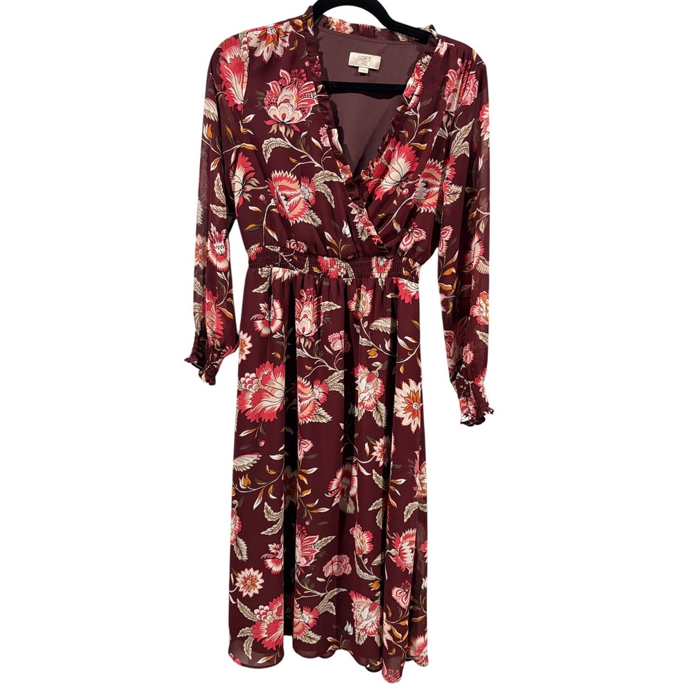 Loft Outlet Burgundy Floral Smocked Waist Midi Dress Petite Small SP Long Sleeve